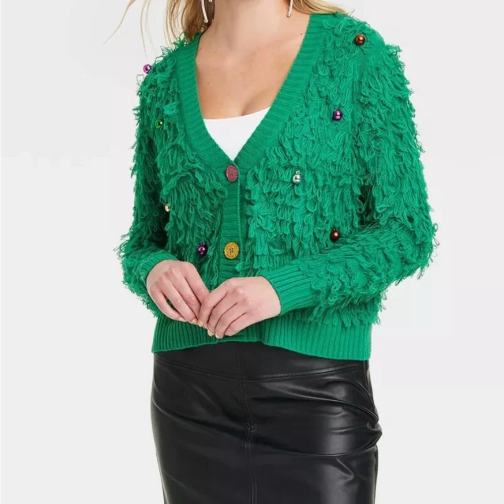 NWT Green Knit Cardigan XXS Shaggy Holiday Christmas Festive Artsy Textured Cozy